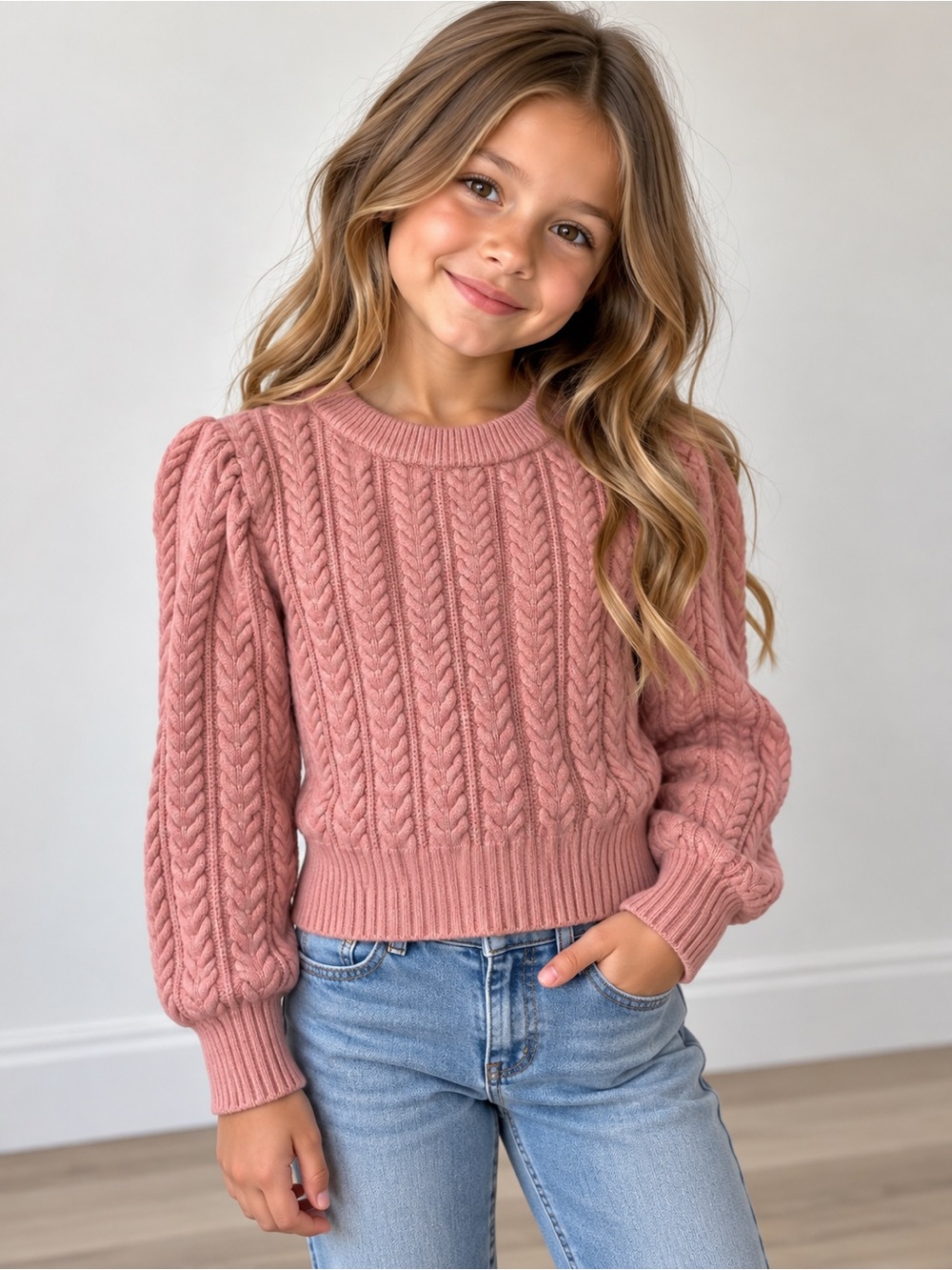 Blue Wings Girls Pink Cable Knit Puff Sleeve Sweater